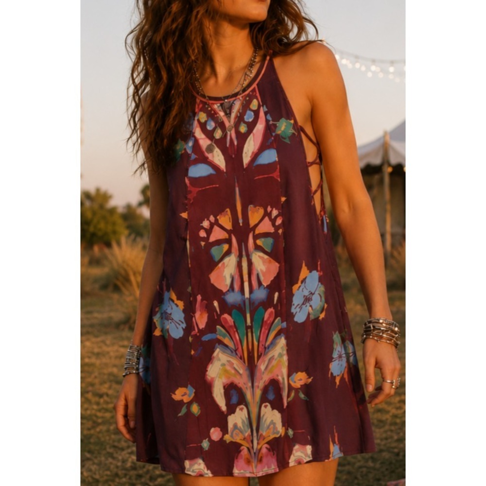 Free People Womens Dream Free Tunic Pockets Dress XS Artsy Floral Festival Boho